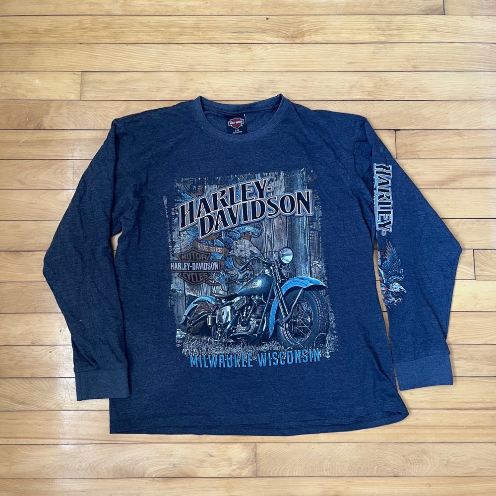 Harley-Davidson Mens Large Long Sleeve Graphic T-Shirt Charcoal Grey Milwaukee